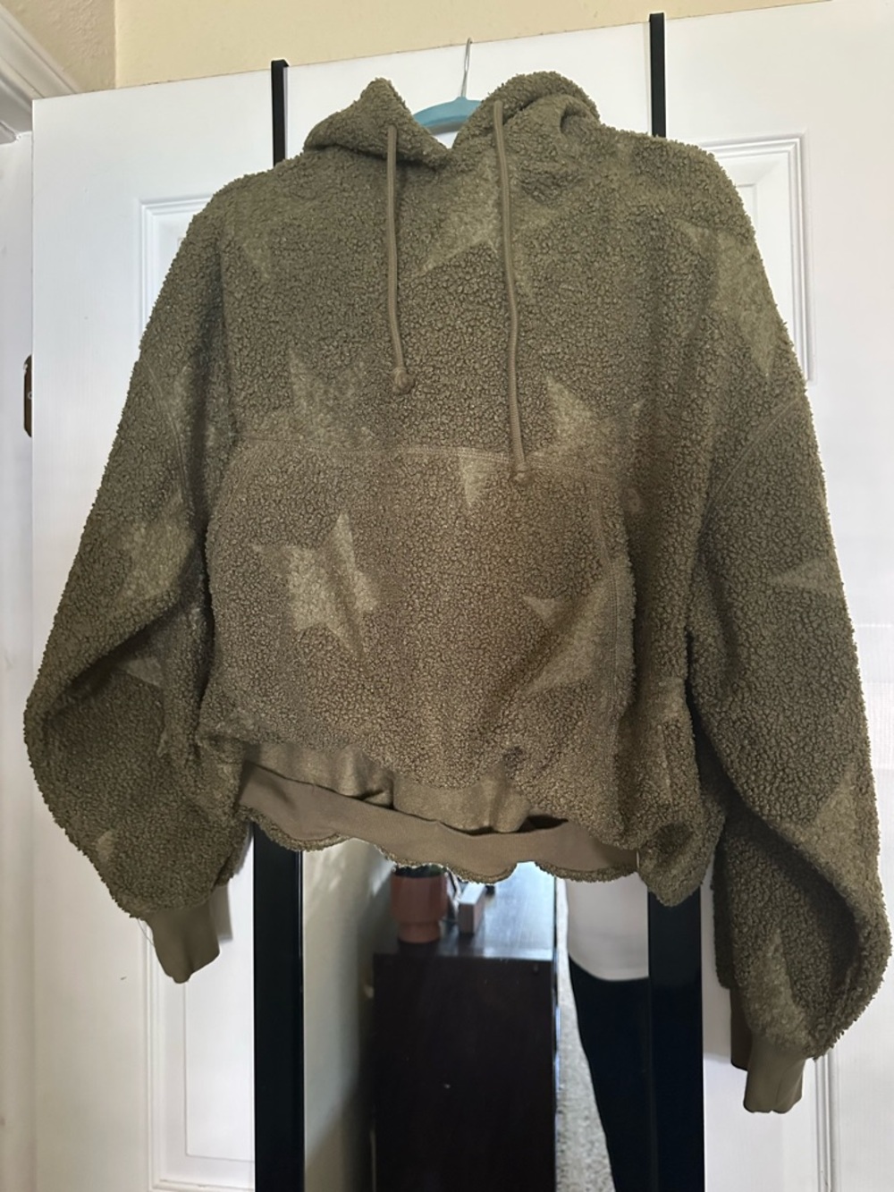 Urban Outfitters Olive Green Sherpa Hoodie with Star Motif